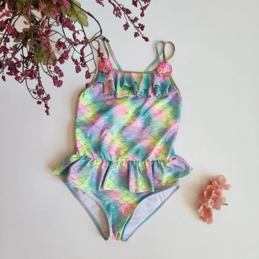 Betsey Johnson Girls XL 14 Mermaid‎ Scale Rainbow Ruffle One Piece Swimsuit Gold